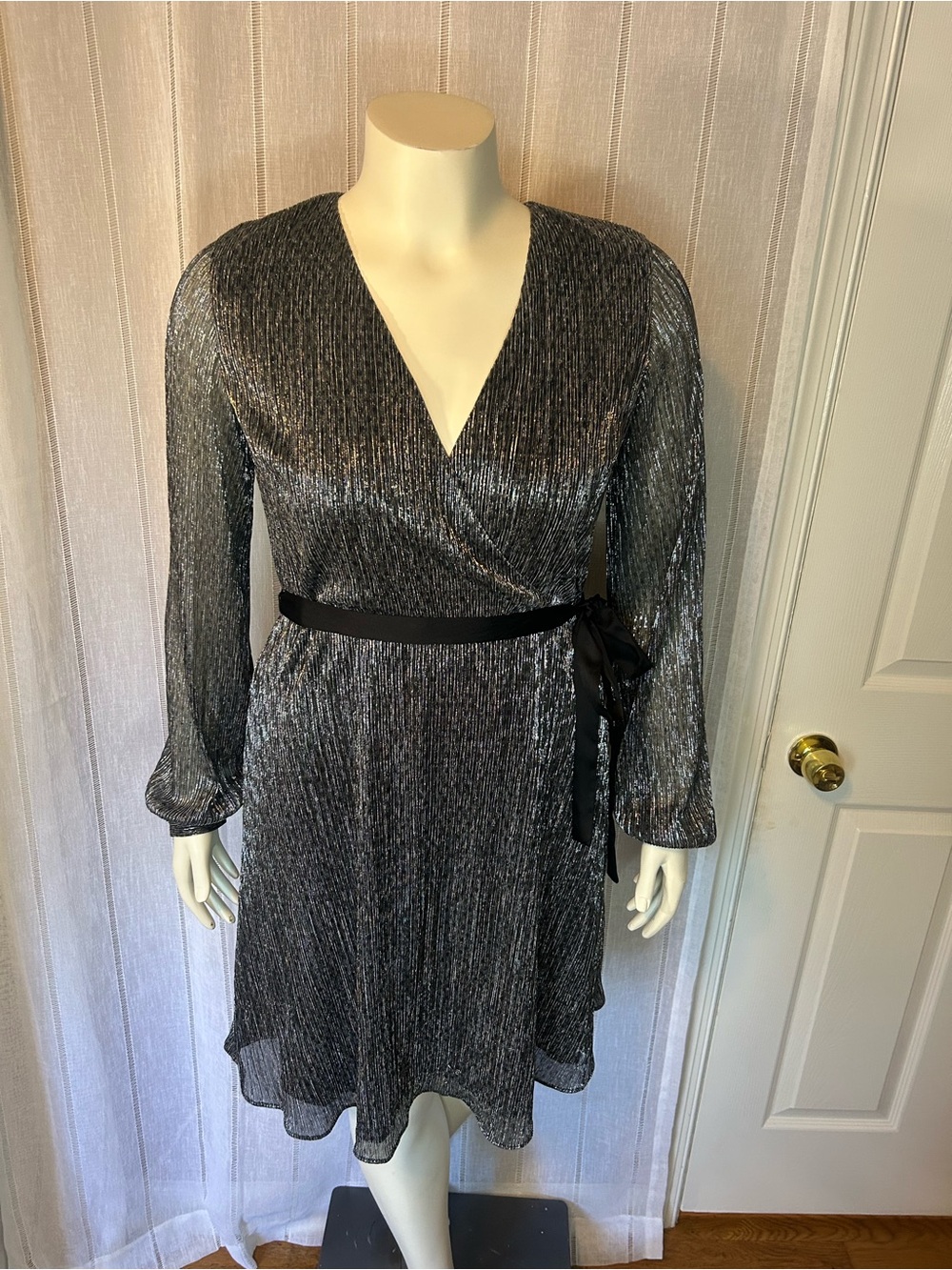 Express Metallic Charcoal Wrap Dress with Waist Tie. New, no tag.